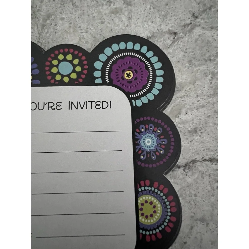 36 Count Party Invitations & Envelopes Boho Retro Floral Geometric Black Multico